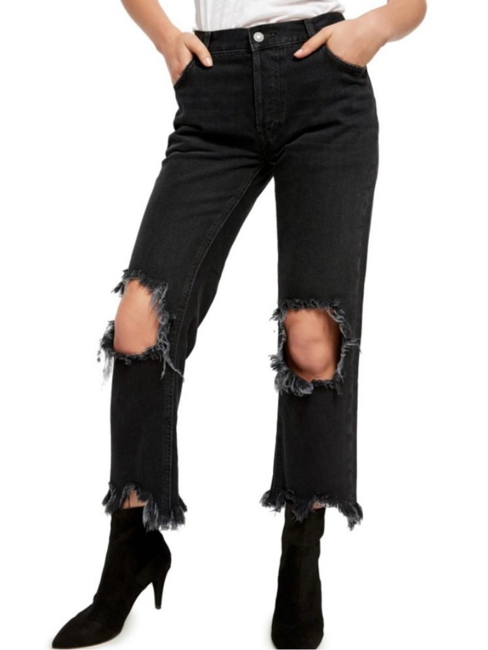 We The Free / Free People Black Distressed Frayed Hem Straight-Leg Jeans